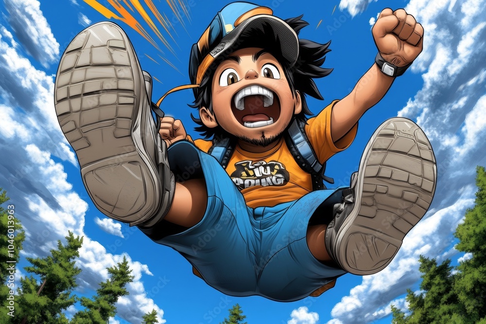 Poster Pixel art of a character jumping joyfully in a pixelated landscape, with pixelated sunrays and vibrant colors symbolizing the fun and energy of living fully in a retro game world