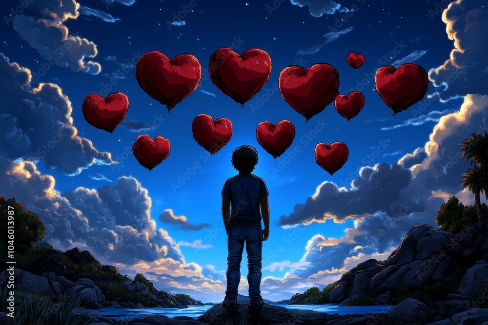 Poster pixel art of a character looking at their reflection in a pixelated world, with pixelated hearts flo