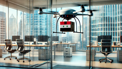 Fototapeta premium A drone delivers a package featuring a Syria flag in a modern office with glass walls and skyscrapers in the background.