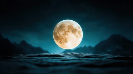 Fototapeta premium A vivid scene showcases the full moon rising prominently against a dark sky, illuminating snow-covered mountain peaks with a serene, mysterious radiance.