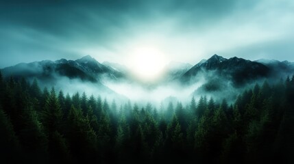 A breathtaking view captures the sunrise piercing through misty forests, with majestic mountains standing tall in the background, creating a serene atmosphere.