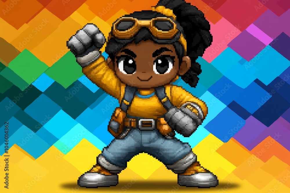 Poster Pixel art of a person standing tall with pride, with pixelated features showing their strength and confidence in a retro style