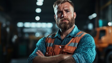 A confident young man stands in a workshop wearing safety gear, symbolizing proactive safety measures and skilled work in a robust industrial environment.