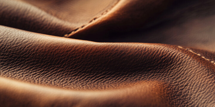 Detailed close-up of brown leather, highlighting its smooth, supple texture with visible creases and grain, capturing the authentic, high-quality craftsmanship of genuine leather