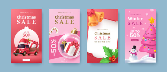 Christmas and New Year Social Media Stories collection. Festive social media vertical banner with illustration in 3d style and place for text. Winter sale offer design.