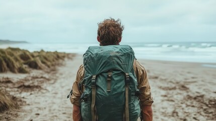 A solitary figure with a large backpack faces the ocean amidst cloudy skies, representing wanderlust, contemplation, and nature's beauty.