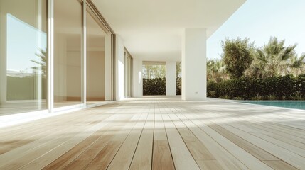 Stylish modern patio featuring a sleek wooden deck surrounded by lush greenery, creating a serene outdoor space for relaxation and intimate gatherings.