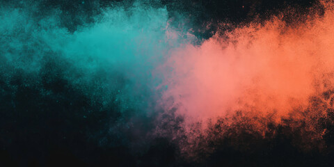 Obraz premium Abstract grainy gradient background, peach turquoise color shape, black backdrop, noisy texture, dark banner poster header design blending soft peach into vibrant turquoise