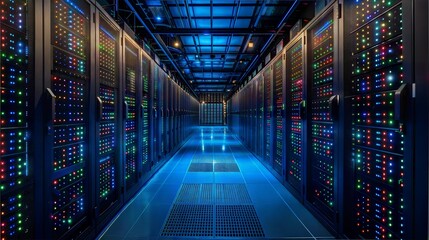 Fototapeta premium Data center with rows of server racks and illuminated lights.