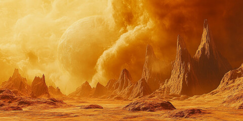 Orange alien planet with a rocky surface featuring large craters and towering red mountains, under a dense, yellowish cloudy sky, creating a warm, surreal extraterrestrial landscape