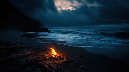 Fototapeta premium A campfire rests atop a sandy shore, beside the vast ocean, as darkness envelops the sky with billowing clouds