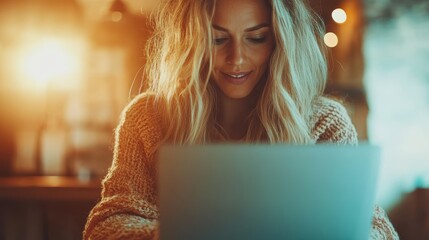 A woman engrossed in using her laptop, surrounded by warm, ambient lighting, creating a cozy and focused atmosphere, capturing a serene moment of work.
