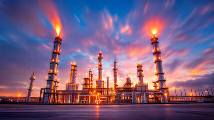 Fototapeta premium Gas refinery at sunset with towering smokestacks and vibrant sky colors