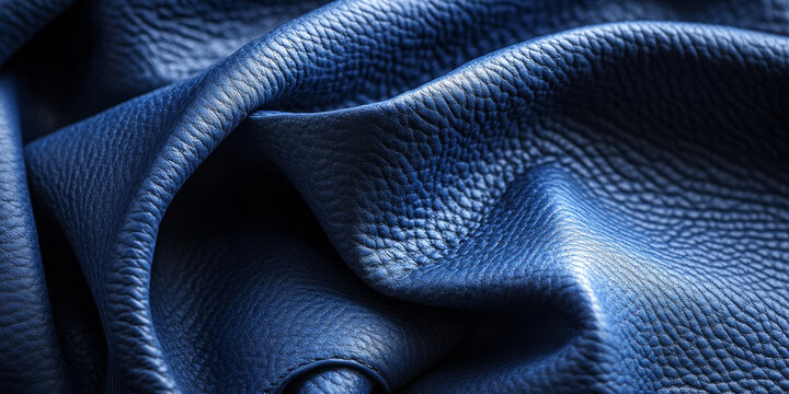 Detailed close-up of deep blue leather, emphasizing its soft, supple surface and fine grain, capturing the elegance and quality of authentic leather craftsmanship