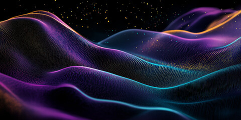 Obraz premium Grainy background showcasing a glowing purple, mint, and pale gold color wave on a black backdrop, enriched with noise for a modern poster design