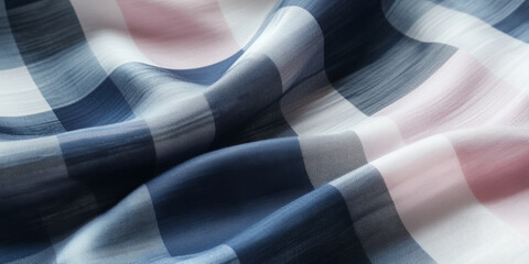 Stylish checkered fabric in sophisticated navy, charcoal gray, silver, and blush pink, laid flat on a sleek surface, highlighting its modern elegance