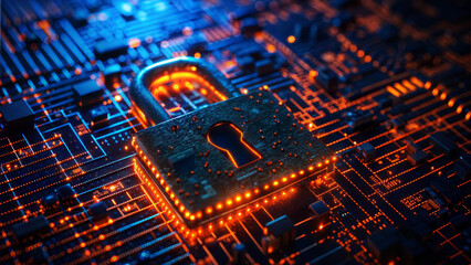 Fototapeta premium Digital padlock on a circuit board, representing cybersecurity and data protection.
