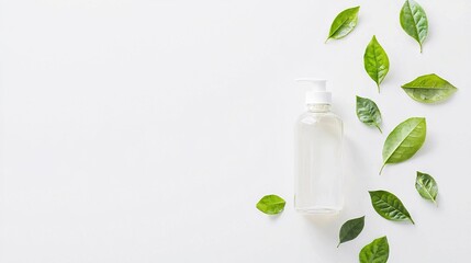   A lotion bottle sits atop a green-leafed white table