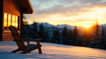 Adirondack chair on snow with a sunset and mountains in the background.