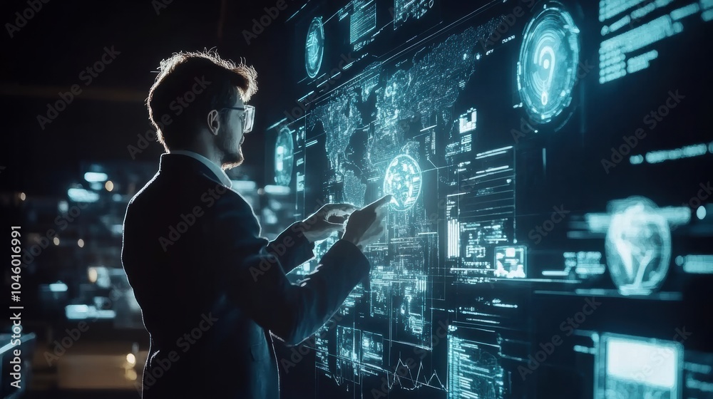 Aufkleber A person in formal attire interacts with a glowing touchscreen displaying complex data and graphics in a dimly lit space. Generative AI