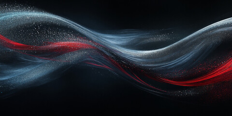Grainy abstract background displaying a glowing cool gray, bright red, and dark blue color wave against a black dark backdrop, enhanced with noise for a stylish poster design