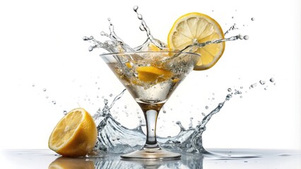 Splashing lemon cocktail reflection isolated on white