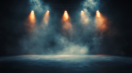 Empty concert stage with illuminated spotlights and smoke Stage background with copy space