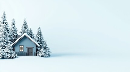 Naklejka premium A winter house stands peacefully in a snowy landscape, framed by tall evergreen trees set against a soft pastel backdrop