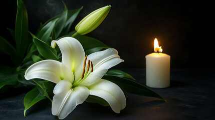 Fototapeta premium Beautiful lily and burning candle on dark background with space for text Funeral white flowers 