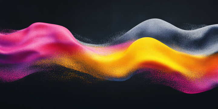 Grainy background with a glowing yellow, fuchsia, and gray color wave on a dark black backdrop, incorporating a rich noise texture for a bold poster header design