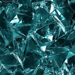 An intricate broken glass texture creating an abstract design on a dark teal background, showcasing the interplay of light and reflections within the shards