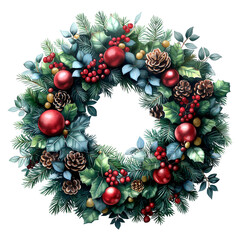 Christmas watercolor wreath. Winter holidays decorated wreath with fir tree branches, leaves, pine cones and holly berries decor isolated illustration. Cut out xmas wreath