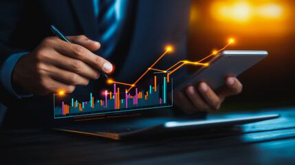  Business person evaluates metrics for charts and graphs with statistics to innovative analyze business potential and forecast future development of companies growth., setting goals for expansion.


