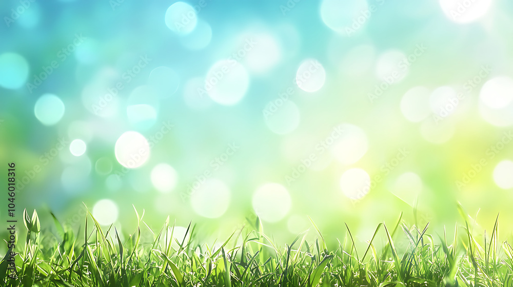 Aufkleber beautiful sunny spring meadow with green grass and blue sky abstract background with light bokeh and