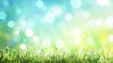 Obraz premium Beautiful sunny spring meadow with green grass and blue sky Abstract background with light bokeh and space for text 