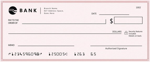 Blank money cheque. Bank check. Red Check book template with pattern and empty fields. Currency payment coupon, US dollar check background.