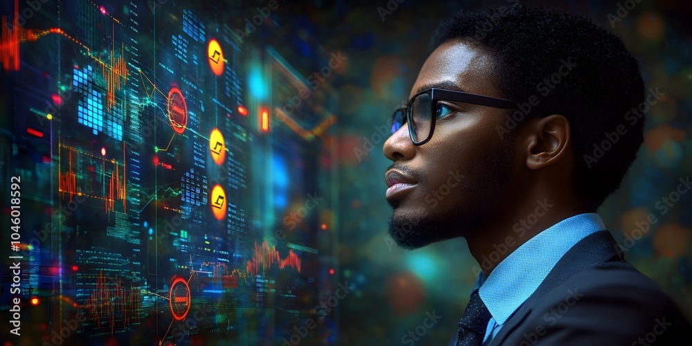 Poster a focused individual analyzing digital data and graphs in a professional setting.