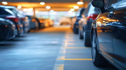 Fototapeta premium Car parked at outdoor parking lot Used car for sale and rental service Car insurance background Automobile parking area Car dealership and dealer agent concept Automotive industry 