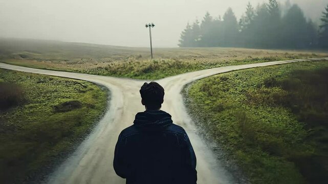A person stands at a foggy crossroads, contemplating their path ahead, symbolizing choices and decision-making in life.