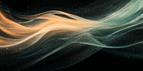 Naklejka premium Grainy background showcasing a glowing forest green, peach, and bright silver color wave against a black dark backdrop, featuring a textured noise effect for a chic header design