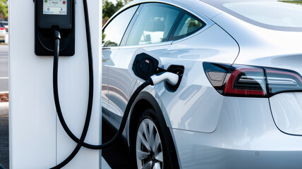  EV charging station with sleek design, digital displays, and touch interfaces. Bright lighting highlights metallic textures. Background blends modern cityscape and green space, symbolizing . 