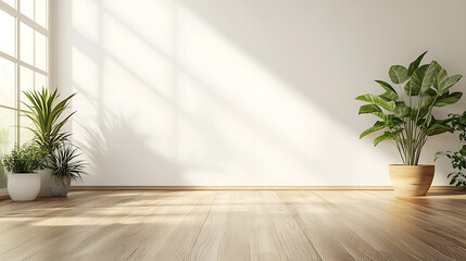 Empty white room with a wooden floor and plants 