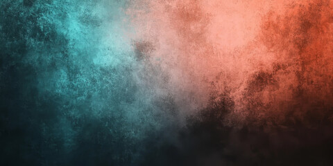 Fototapeta premium Abstract grainy gradient background, peach turquoise color shape, black backdrop, noisy texture, dark banner poster header design blending soft peach into vibrant turquoise