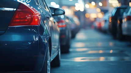 Fototapeta premium Car parked at outdoor parking lot Used car for sale and rental service Car insurance background Automobile parking area Car dealership and dealer agent concept Automotive industry 