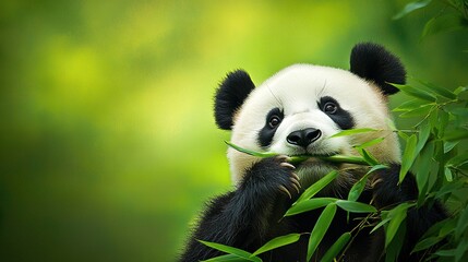 Fototapeta premium Black and white panda eating bamboo against green blurry background, with panda in mouth
