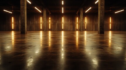 A dimly lit industrial room, featuring polished floors and wooden beams, lined with vertical lights creating a futuristic and sleek ambiance that feels expansive.