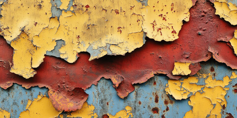Obraz premium Deeply corroded metal surface with rusty brown and red patches, combined with peeling yellow and blue paint, forming an abstract textured background full of decay