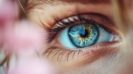 Fototapeta premium This striking image showcases an intense blue eye amidst a soft pink floral blur, embodying intrigue and depth with its detailed and artistic examination.