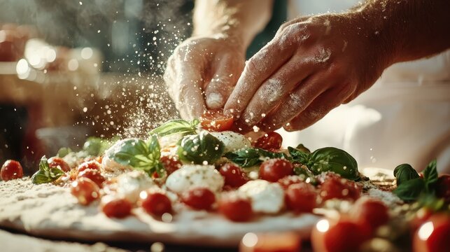 Close-up of a chef's hands skillfully adding flour to a pizza topped with tomatoes and basil in a sunlit kitchen, capturing culinary artistry and fresh ingredients.