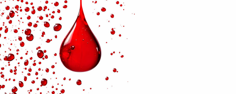 A large red drop of liquid falling against a white background, 